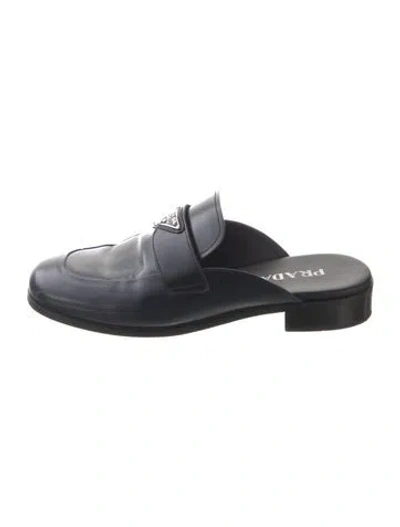 Pre-owned Prada Enameled Metal Triangle Leather Mules In Blue