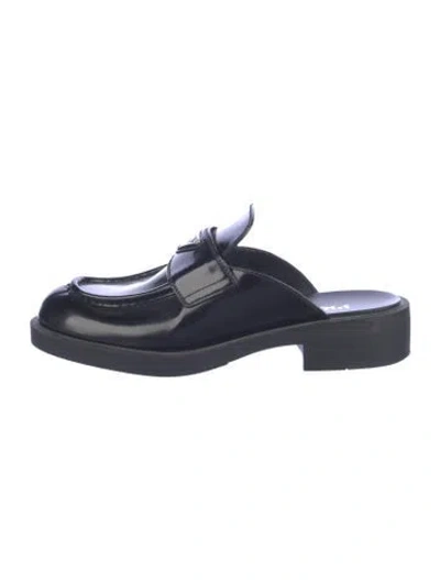 Pre-owned Prada Enameled Metal Triangle Leather Mules In Blue