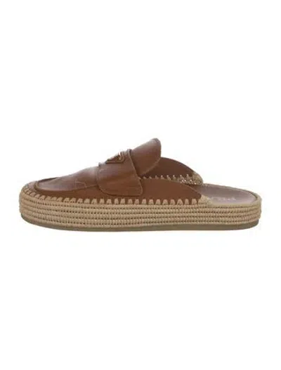 Pre-owned Prada Enameled Metal Triangle Leather Mules In Brown