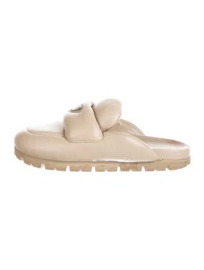 Pre-owned Prada Enameled Metal Triangle Leather Mules In Neutral
