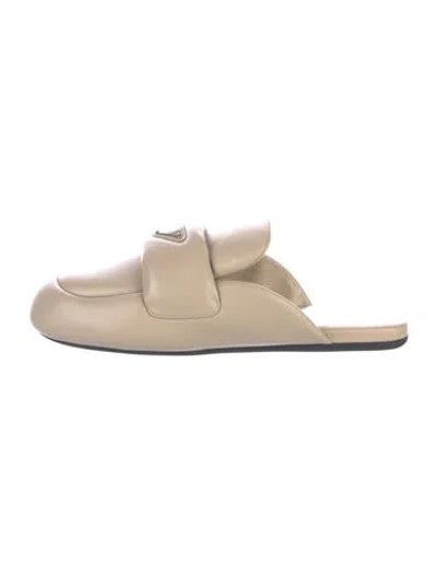 Pre-owned Prada Enameled Metal Triangle Leather Mules In Neutral