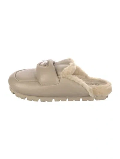 Pre-owned Prada Enameled Metal Triangle Leather Mules In Neutrals