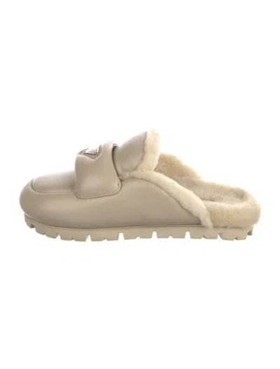 Pre-owned Prada Enameled Metal Triangle Leather Mules In Neutrals