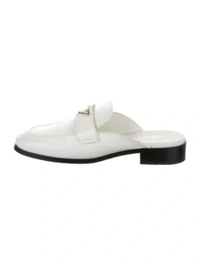 Pre-owned Prada Enameled Metal Triangle Leather Mules In White