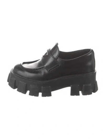 Pre-owned Prada Enameled Metal Triangle Leather Oxfords In Black