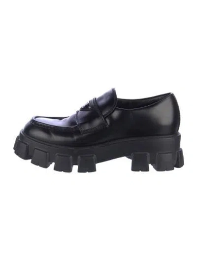 Pre-owned Prada Enameled Metal Triangle Leather Oxfords In Black