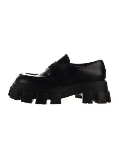 Pre-owned Prada Enameled Metal Triangle Leather Oxfords In Black