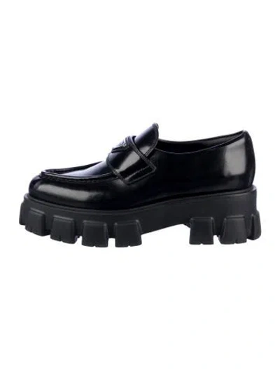 Pre-owned Prada Enameled Metal Triangle Leather Oxfords In Black