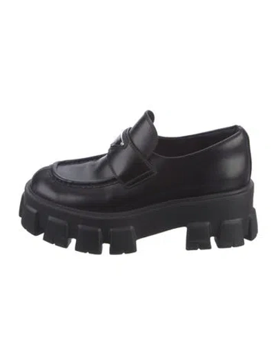 Pre-owned Prada Enameled Metal Triangle Leather Oxfords In Black