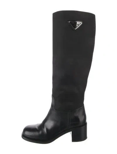 Pre-owned Prada Enameled Metal Triangle Leather Riding Boots In Black