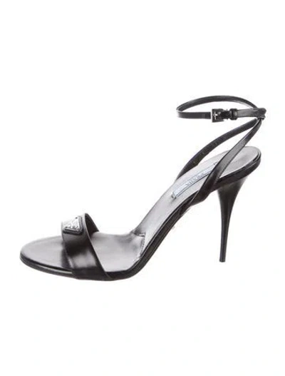 Pre-owned Prada Enameled Metal Triangle Leather Sandals In Black