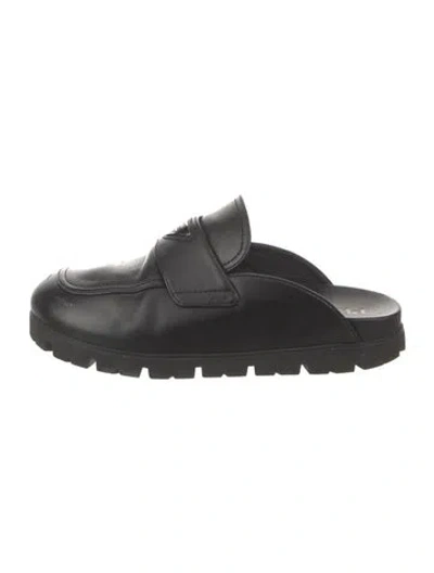 Pre-owned Prada Enameled Metal Triangle Leather Sandals In Black