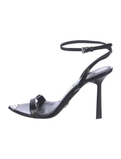 Pre-owned Prada Enameled Metal Triangle Leather Sandals In Black