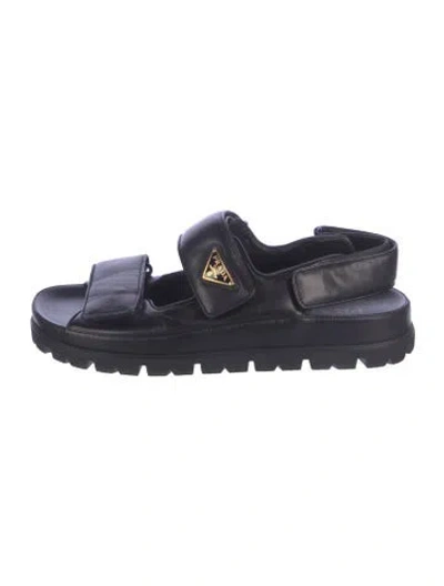 Pre-owned Prada Enameled Metal Triangle Leather Sandals In Blue