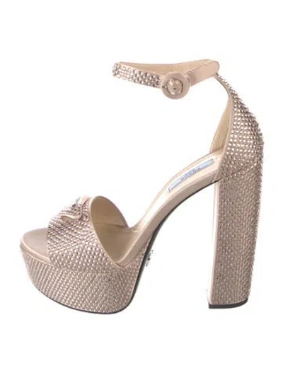 Pre-owned Prada Enameled Metal Triangle Leather Sandals In Neutral