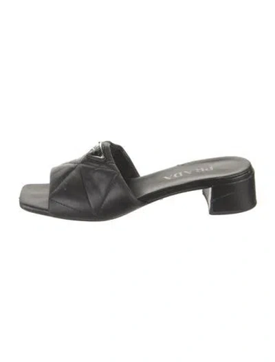 Pre-owned Prada Enameled Metal Triangle Leather Slides In Black