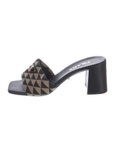 Pre-owned Prada Enameled Metal Triangle Leather Slides In Black
