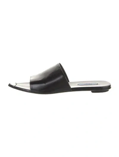 Pre-owned Prada Enameled Metal Triangle Leather Slides In Black