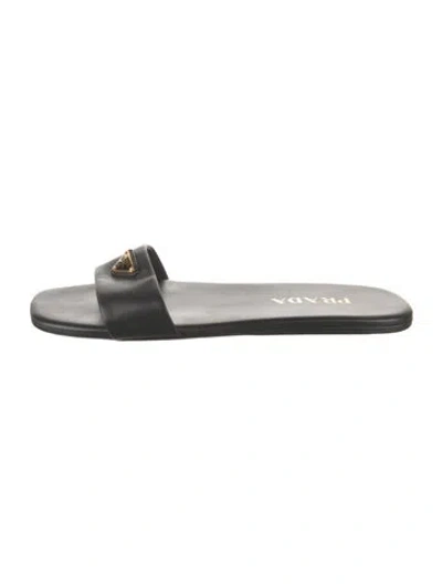 Pre-owned Prada Enameled Metal Triangle Leather Slides In Black