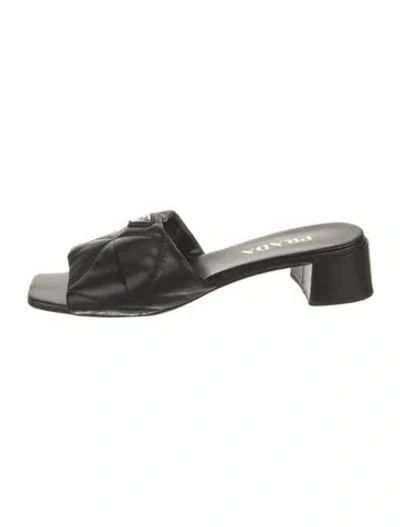 Pre-owned Prada Enameled Metal Triangle Leather Slides In Black