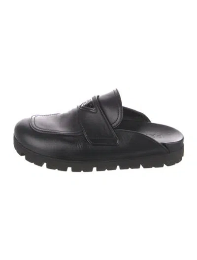 Pre-owned Prada Enameled Metal Triangle Leather Slides In Black