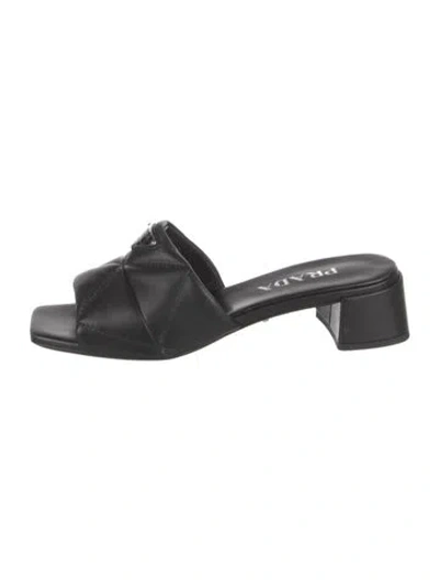 Pre-owned Prada Enameled Metal Triangle Leather Slides In Black