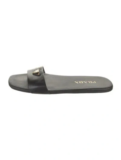 Pre-owned Prada Enameled Metal Triangle Leather Slides In Black