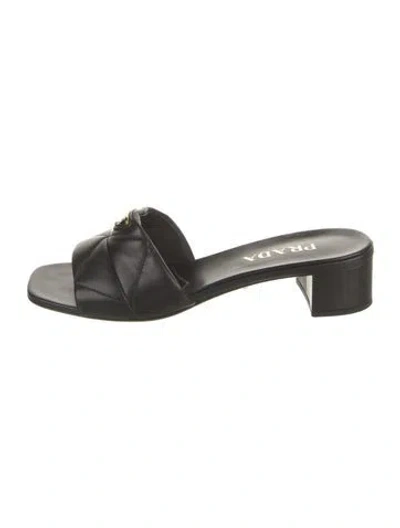 Pre-owned Prada Enameled Metal Triangle Leather Slides In Black