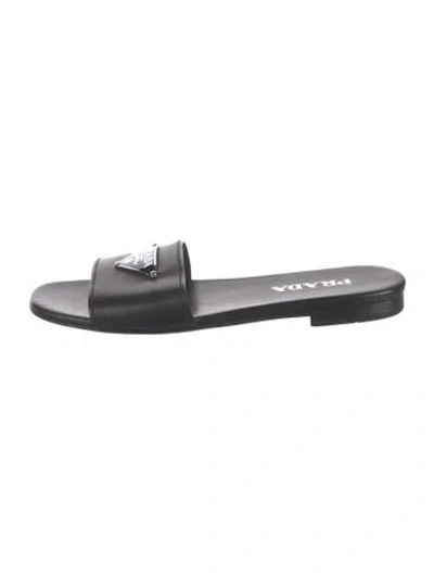 Pre-owned Prada Enameled Metal Triangle Leather Slides In Black