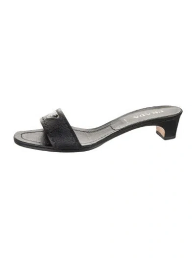 Pre-owned Prada Enameled Metal Triangle Leather Slides In Black