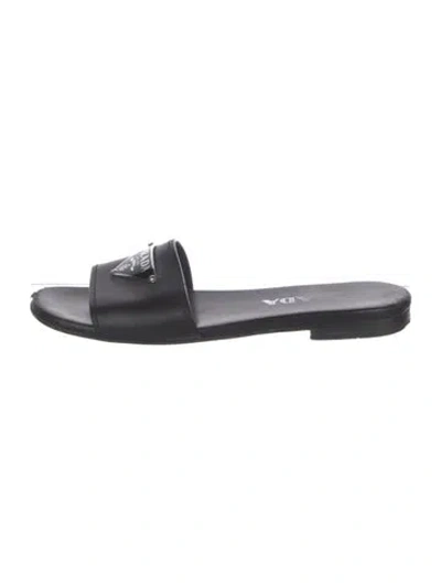 Pre-owned Prada Enameled Metal Triangle Leather Slides In Black
