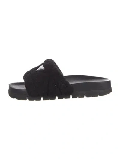 Pre-owned Prada Enameled Metal Triangle Leather Slides In Black