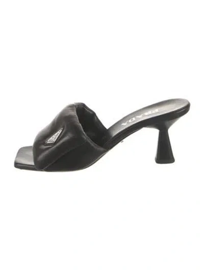 Pre-owned Prada Enameled Metal Triangle Leather Slides In Black