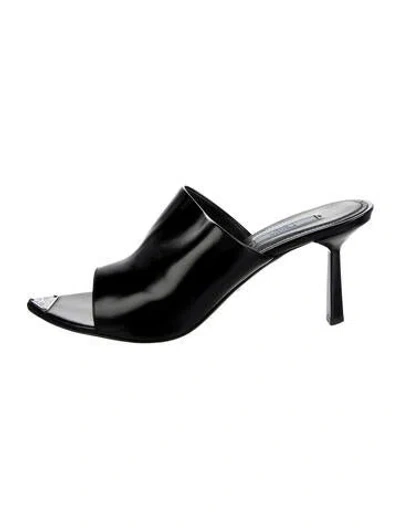 Pre-owned Prada Enameled Metal Triangle Leather Slides In Black