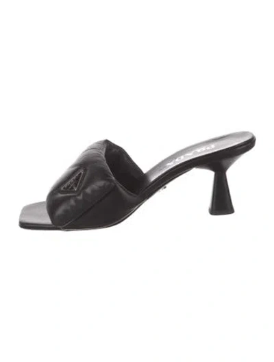 Pre-owned Prada Enameled Metal Triangle Leather Slides In Black