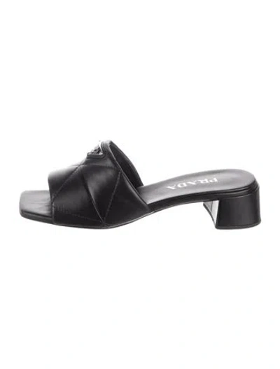 Pre-owned Prada Enameled Metal Triangle Leather Slides In Black