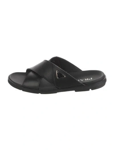 Pre-owned Prada Enameled Metal Triangle Leather Slides In Black/green