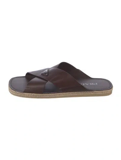 Pre-owned Prada Enameled Metal Triangle Leather Slides In Brown