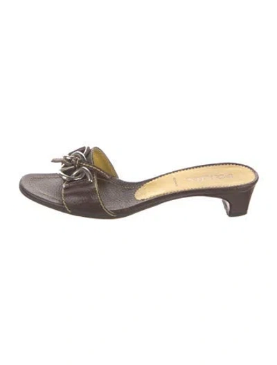 Pre-owned Prada Enameled Metal Triangle Leather Slides In Brown/yellow