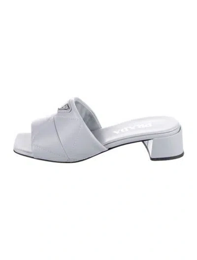 Pre-owned Prada Enameled Metal Triangle Leather Slides In Gray