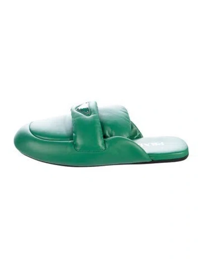 Pre-owned Prada Enameled Metal Triangle Leather Slides In Green