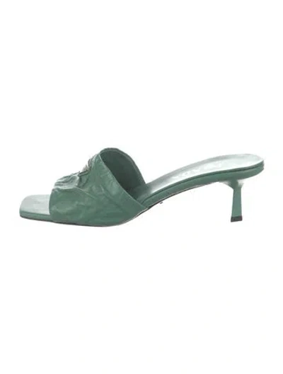 Pre-owned Prada Enameled Metal Triangle Leather Slides In Green