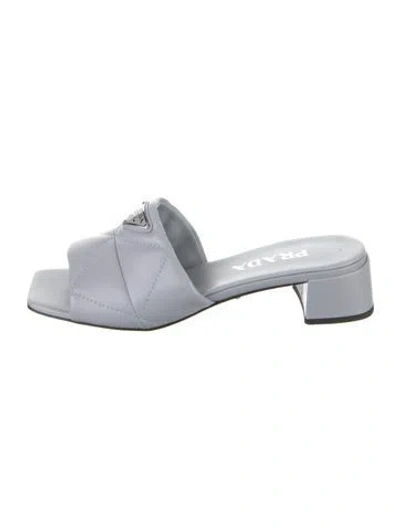 Pre-owned Prada Enameled Metal Triangle Leather Slides In Grey