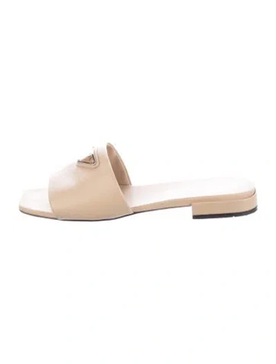 Pre-owned Prada Enameled Metal Triangle Leather Slides In Neutral