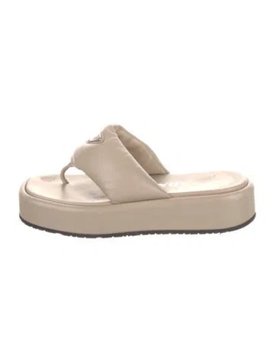 Pre-owned Prada Enameled Metal Triangle Leather Slides In Neutral