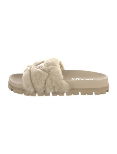 Pre-owned Prada Enameled Metal Triangle Leather Slides In Neutrals