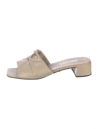 Pre-owned Prada Enameled Metal Triangle Leather Slides In Neutrals