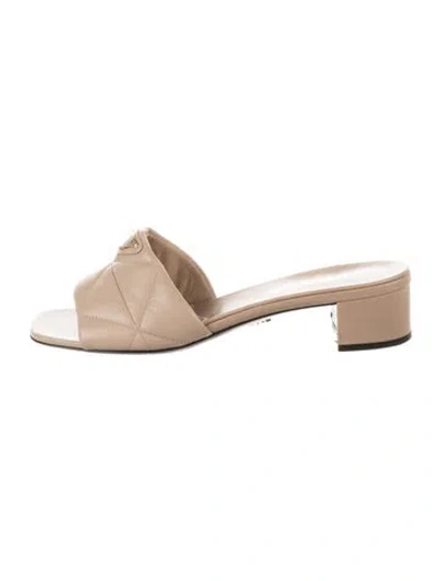 Pre-owned Prada Enameled Metal Triangle Leather Slides In Neutrals