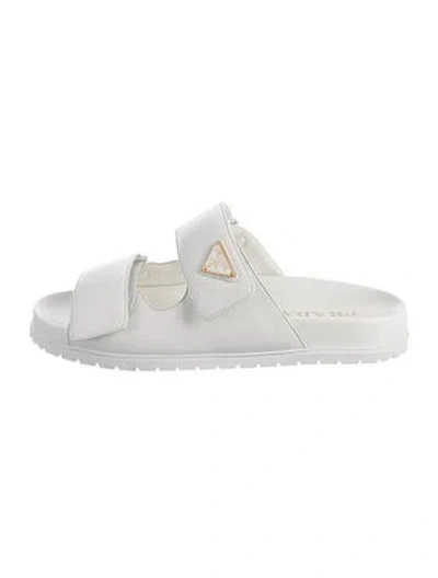 Pre-owned Prada Enameled Metal Triangle Leather Slides In Neutrals