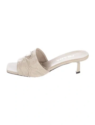 Pre-owned Prada Enameled Metal Triangle Leather Slides In Neutrals